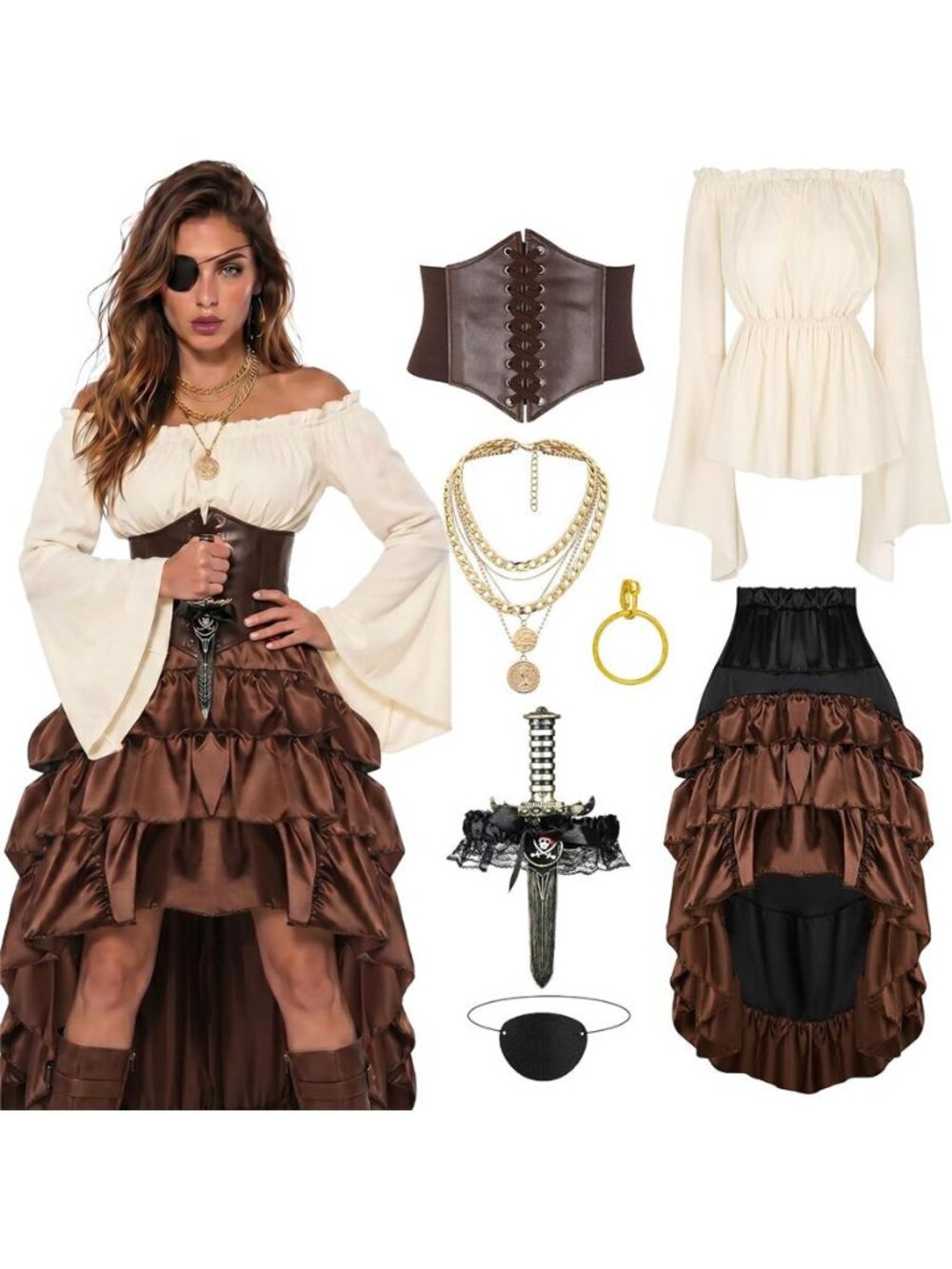 Women's Pirate Costume Outfit Renaissance Corset Steampunk Skirt Top Pirate